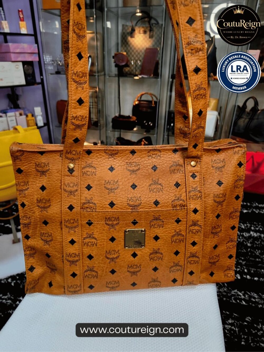 MCM Large Aren School Bag Tote in Visetos – Cognac Brown